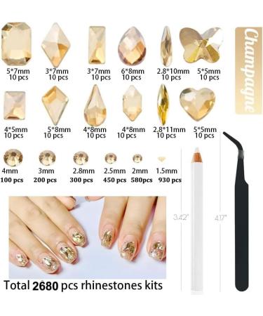 2680 Pcs Champagne Gold Rhinestones Nail Gems for Nail Art Glass Crystals Nail Rhinestones Shiny Assorted Shape Flatback Face Gems with Rhinestones Picker and Tweezers Nail Art Tools - Buy Online on GoSupps.com