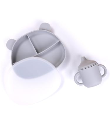Silicone Baby Feeding Set  6 Colors  Spill-proof Cup and Suction Plate with Lid  Divided Plate  Sippy Cup with handles for Baby & Toddlers. Leak-proof. (Gray)