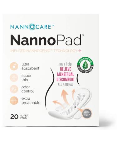 NannoPad Overnight 20 Count Organic Cotton Unscented Feminine Pads for Women - Heavy Flow Super Long with Wings - Ultra Thin All Natural Sanitary Napkin (20 Count (Pack of 1)) Nannocare