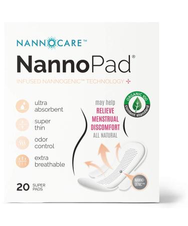 NannoPad Overnight 20 Count Organic Cotton Unscented Feminine Pads for Women - Heavy Flow Super Long with Wings - Ultra Thin All Natural Sanitary Napkin (20 Count (Pack of 1)) Nannocare