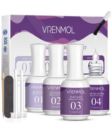 Vrenmol Dip Powder Liquid Set - 4pcs 0.5oz Dipping Powder Activator  Base & Top Coat and Brush Saver for Dipping Powder Essential Nails Manicure Kit