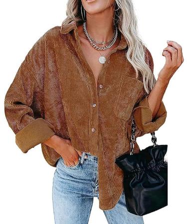 Women's Corduroy Button Down Pocket Shirts | Long Sleeve Oversized Blouses | Fall Outdoor Boyfriend Tops - Large Camel - Buy Online on GoSupps.com