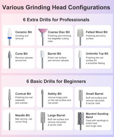 HEBECA Electric Nail Drill Cordless 12 in 1 - Professional Rechargeable Manicure Pedicure Kit for Natural Acrylic Gel Nails - Perfect for Home Use or Beginners - Buy Online on GoSupps.com