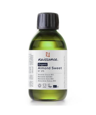 Naissance Certified Organic Sweet Almond Oil (no. 215) 225ml for Skin Hair Massage Nails Ears Face Body Stretch Marks - Natural Skin Care Cold Pressed Unrefined Carrier Oil Aromatherapy Odourless 225 ml (Pack of 1)
