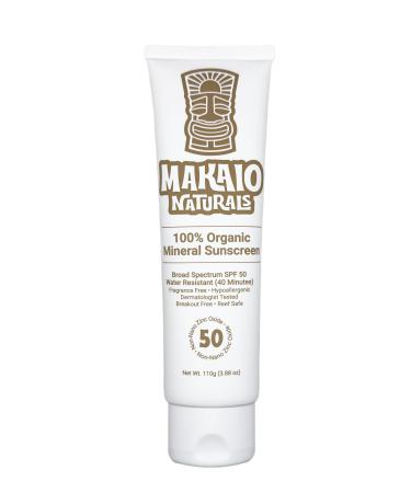 Makaio Naturals 100% Organic Mineral Sunscreen SPF 50 Face & Body Unscented No White Cast Non-Nano Zinc Vegan Hypoallergenic Reef Safe Dermatologist Tested 3.88 fl oz