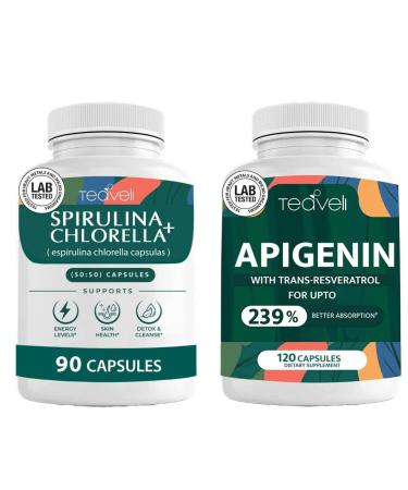 Teaveli Premium Spirulina and Chlorella Capsules and Apigenin Supplement Bundle