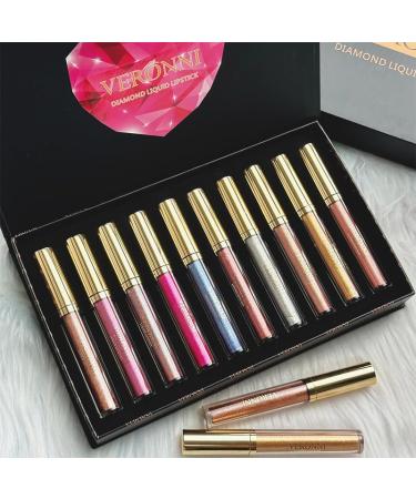 VERONNI Diamond Glitter Lipstick Set - 10 Pcs High Pigment Metallic Lip Gloss | Long Lasting Waterproof Makeup Gift Set - Buy Online on GoSupps.com
