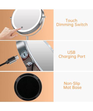 Rechargeable Lighted Makeup Mirror with 10X Magnification | Double-Sided 8 Inch Vanity Mirror with 3 Light Settings and Touch Control | Desktop Cosmetic Mirror Chrome - Buy Online on GoSupps.com