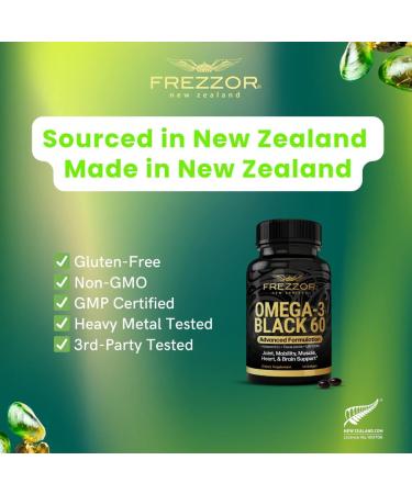 FREZZOR Omega 3 Black for Joint Care & Comfort - New Zealand Green Lipped Mussel Oil Capsules 53x Higher Potency with UAF1000+ Super Antioxidant No Fishy Aftertaste 450mg 6-Pack 360 Softgels - Buy Online on GoSupps.com