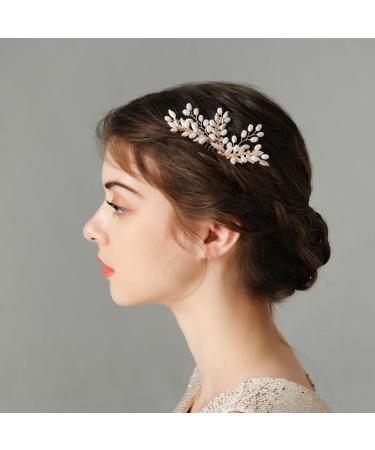 Foyte Wedding Crystal Hair Comb Gold Pearl Bride Headpiece Leaf Side Hair Combs for Women and Girls - Buy Online on GoSupps.com