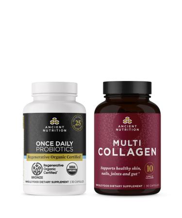 Ancient Nutrition Regenerative Organic Certified Once Daily Probiotics 30 Count + Multi Collagen Peptides Capsules 90 Count