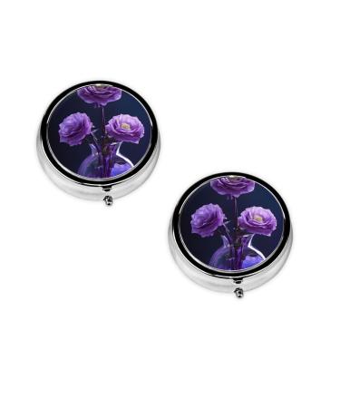 (Purple Beauty Butterfly) Round Pill Box 3 Compartment Pill Box Mini Decorative Pocket Purse Portable Travel Medicine Tablet Vitamin Holder Organizer Pill Case Black