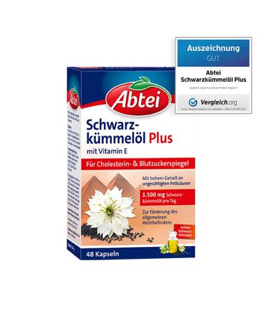 Abbey black cumin oil plus - with vitamin E - dietary supplement for cholesterol and blood sugar levels - 1 x 48 capsules 61 g (1 Pack)