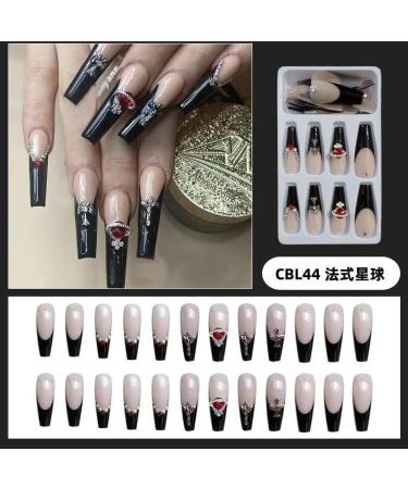 MENILITHS 24Pcs/Set Long False Nails French Black Planet Diamond False Nails Acrylic Fake Nails Full Cover Nails Tips Artificial Finger Manicure for Women and Girls - Buy Online on GoSupps.com