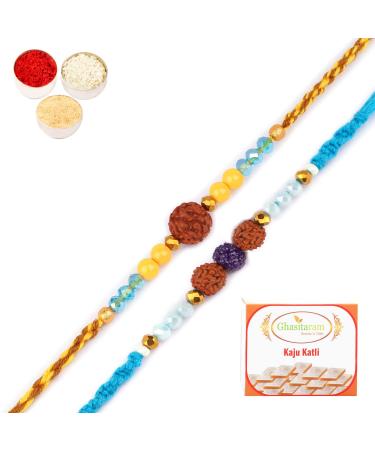 Ghasitaram Gifts Rakhi for Brother Rakhis Online - Set of 2-1906 and 1907 Rudraksh Rakhis with 200 GMS of Kaju katli