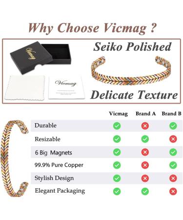 Vicmag Copper Magnetic Bracelet for Women Men | 6X Ultra Strength Magnets | 99.99% Solid Pure Copper | Adjustable Size with Gift Box | Tricolor Feather Design - Buy Online on GoSupps.com