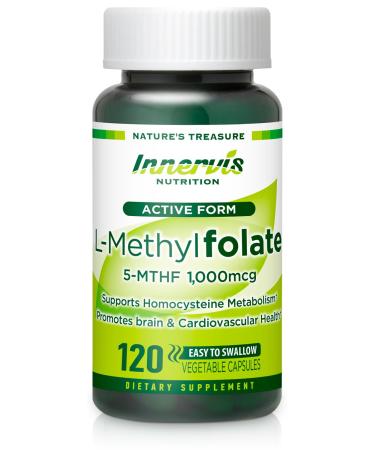 L-Methyl Folate (Active Form) Supports Mood Energy Methylation & Heart Health High-Absorption Folate for Daily Mental & Physical Wellness* 120 Easy-to-Swallow Veg Capsules by Innervis Nutrition
