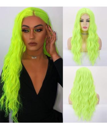 LEMEIZ LEMEIZ-070 Women's Neon Green Curly Long Synthetic Hair Wig with Middle Part 22" Neon Green LE-070