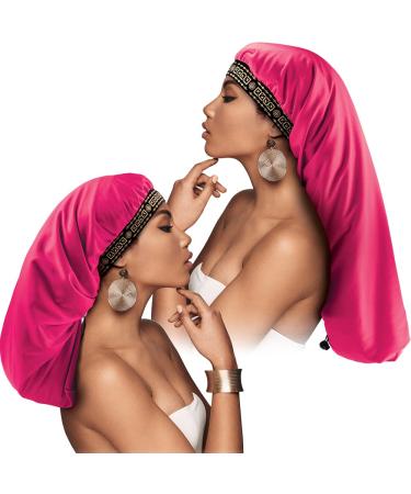Beauty Town Bonnet Cap Adjustable Satin Lined Extra Long Knit Double Layer for Girls Women Braiding Weaves Dreadlocks Curly Natural Hair (Hot Pink)