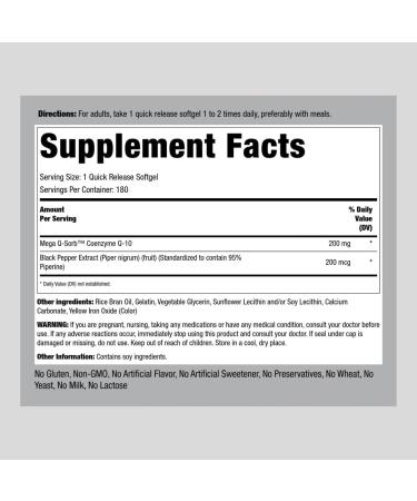 Piping Rock CoQ10 200mg - 180 Softgels | Enhanced Absorption Non-GMO & Gluten Free Supplement for Optimal Heart Health - Buy Online on GoSupps.com