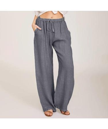 Gufesf Women's Cotton Linen Palazzo Pants - Grey XX-Large | Wide Leg Trousers with Pockets | Casual Summer Crop Pants - Buy Online on GoSupps.com
