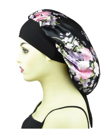 Silk Satin Bonnet for Curly Hair | Floral Black Sleep Cap for Women | Large Night Cap with Tie Band - Buy Online on GoSupps.com