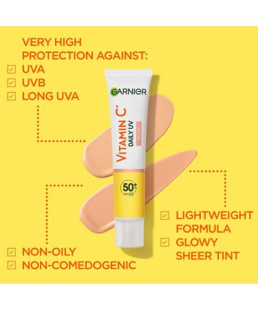 Garnier Vitamin C Daily UV Brightening Fluid Sheer Glow SPF50+ 50ml | Evens Skin Tone, Corrects Sun Damage | Cruelty-Free Vegan | All Skin Types - Buy Online on GoSupps.com