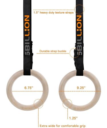 5BILLION Wooden Gymnastic Rings with Adjustable Straps - 2x15ft Wood Gym Rings for Home Gym Full Body Workout - Quick Install Cam Buckle - 1500lbs Supported - Black (32mm) - Buy Online on GoSupps.com