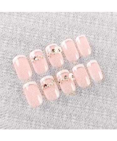 French Tip Press on Nails - Short Square Press On Nails with Nail Tips Camellia Pearl nail Polish Glittering Pink White lines Design Glossy press on nails Acrylic False Nails Cute Artificial Nails - Buy Online on GoSupps.com