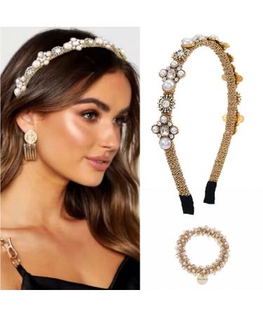 Sinalty Gold Pearls Headbands Baroque Rhinestones Hair Bands Crystal Hair Hoop with Beaded Hair Ties for Women (Fashion)