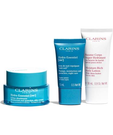 Clarins Gift Set | Hydra-Essentiel Collection 95ml | Worth 58 | Moisture Rich Body Lotion 30ml Hydra-Essentiel HA Silky Cream 50ml Hydra-Essentiel HA Night Cream 15ml  - Buy Online on GoSupps.com
