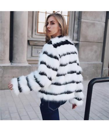 Women's Elegant Cropped Faux Fur Party Coat - Black & White Stripe Colorblock - Size XL - Buy Online on GoSupps.com