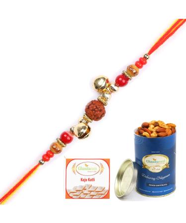 Ghasitaram Gifts Rakhi for Brother Rakhis Online 6208- Rudraksh Rakhi with 100 GMS of Dryfruits Mix Can 200 GMS of Kaju katli Rakhi & 100g Dryfruits Mix Can 200g Kaju katli