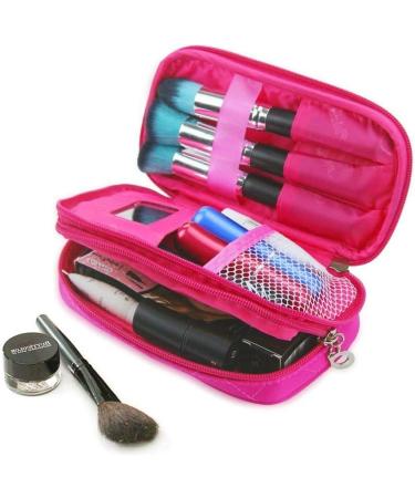 Premium Hot Pink Make-Up Bag for Women | 2 Layer Travel Kit Organizer with Mirror & Brush Pockets | Professional Cosmetic Case - Buy Online on GoSupps.com