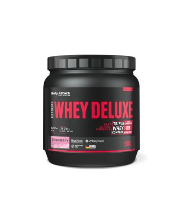 Body Attack Extreme Whey Deluxe - Strawberry Cream 500g - Made in Germany - protein powder with amino acids triple whey complex CFM Whey Isolate perfectly soluble protein powder low -fat sugar arm Strawberry Cream 500 g (1 Pack)