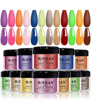 Rofran 12 Colors Acrylic Powder Nail Set, Candy Colorful with Glitter Acrylic Nail System Nail Art Powder Professional Polymer for Nail Extension, No Nail Lamp Needed