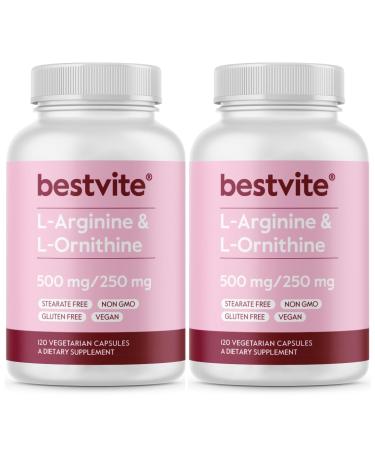 BESTVITE L-Arginine L-Ornithine 500-250 (240 Vegetarian Capsules) (120 x 2) - No Stearates - No Fillers - Vegan - Non GMO - Gluten Free - No Calcium Silicate 240 Count (Pack of 1)