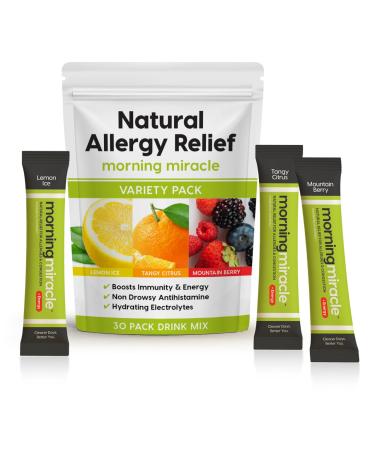 Morning Miracle Natural Allergy Relief Non-Drowsy Drink Mix for Sinus Support Steady Energy and Daily Natural Antihistamine for Adults and Kids (Non Caffeinated 30 Stick Variety Pack) Caffeine Free