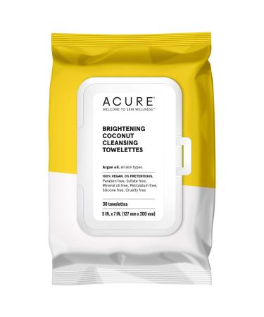 Acure Brightening Cleansing Towelettes | 100% Vegan | For A Brighter Appearance | Argan Oil - Gently Removes Makeup and Cleanses | Simply Wipe & Go | All Skin Types | Pack Coconut 1 Count Brightening Coconut