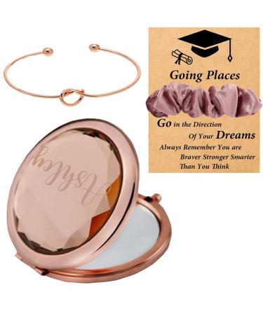 Akubi Personalized Graduation Gifts for Her Rose Gold Compact Mirror Love Knot Bracelets Scrunchies Custom Graduation Travel Gifts for Women 2023 High School College Graduation Party Favor Gifts Set