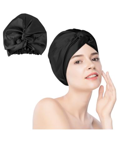 Arqumi 1 Pack Double-Layer Sleep Bonnet Hair Cap for Women  Large Satin Bonnet Knot Hair Bonnet for Long Hair Curler Hair  Black