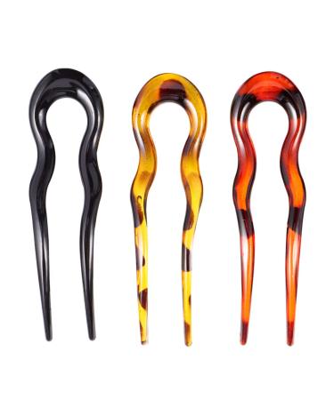 Minkissy U Shape Hair Pin 3 Pack Tortoiseshell U Shaped Hair Pins Hair Fork French Hair Sticks for Bun