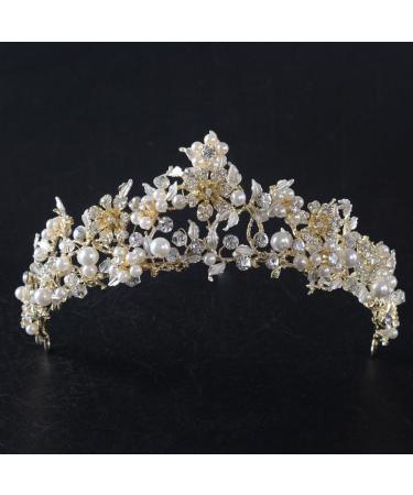 FXmimior Vintage Gold Flower Bead Bridal Wedding Crown Headband Women Crystal Tiara Headpiece Wedding Hair Accessories