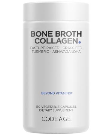 Codeage Organic Bone Broth Collagen Peptides Capsules Supplement Bone Broth Grass Fed Beef Free-Range Chicken Turmeric & Ashwagandha - Collagen Types I II III - Non-GMO - 180 Capsules