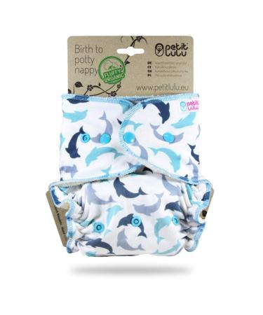 Petit Lulu Bamboo Fitted One Size Diaper | Snaps | Fluffy Organic | Reusable & Washable | Made in Europe (Little Dolphins)