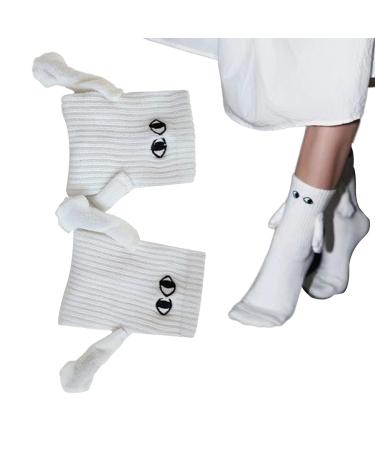 Novelty Magnetic Socks for Women Men Funny Magnetic Suction 3D Doll Couple Socks Funny Couple Holding Hands Sock Unisex Mid-Tube Socks 2Pairs White