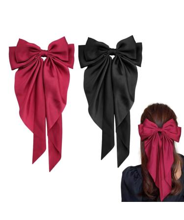 2 PCS Big Bow Hair Clips Large Bowknot Hairpin French Hair Clips with Long Silky Satin Ribbon Solid Color Hair Barrettes Accessories for Women Girls (Red+Black)