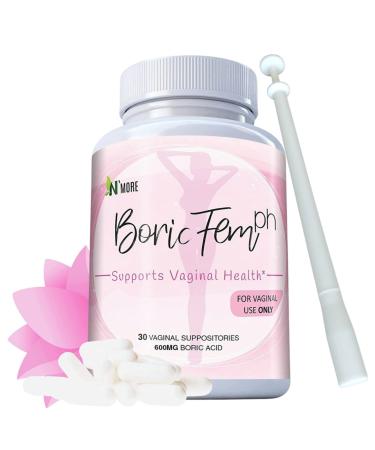 Boric Acid Vaginal Suppositories - 30 Count, 600mg - 100% Pure Made in USA - Boricfem Support Vaginal Health (One)