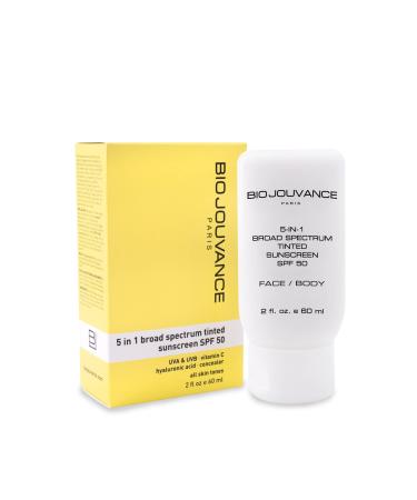 BIO JOUVANCE PARIS - 5 In 1 Tinted Sunscreen SPF 50 2oz / 60ml - Hydrating Sunblock Lotion | Water Resistant | Matte Finish - No White Cast | Mineral Zinc Oxide | Broad Spectrum UVA & UVB | Daily Facial Skin Care Treatme...