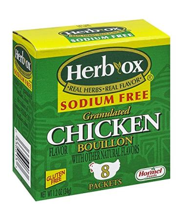 HERB-OX Bouillon - Instant Broth - Granulated - Seasoning - Chicken - Sodium Free - Gluten Free - 1 Box - 8 Packets - 1.2 Ounces